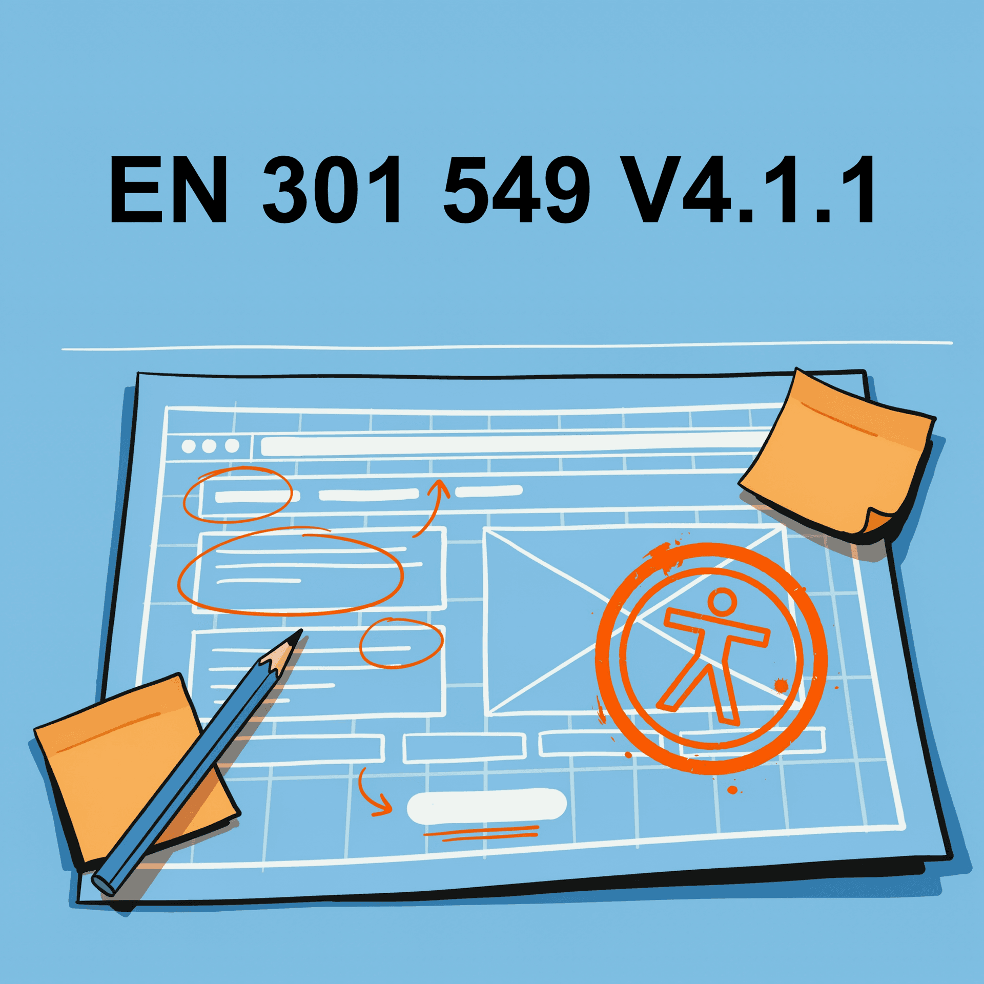 Text EN 301 549 V4.1.1 darunter die Grafik einer Webseite mit markierten Stellen und ein Stempel mit dem Barrierefreiheits-Icon