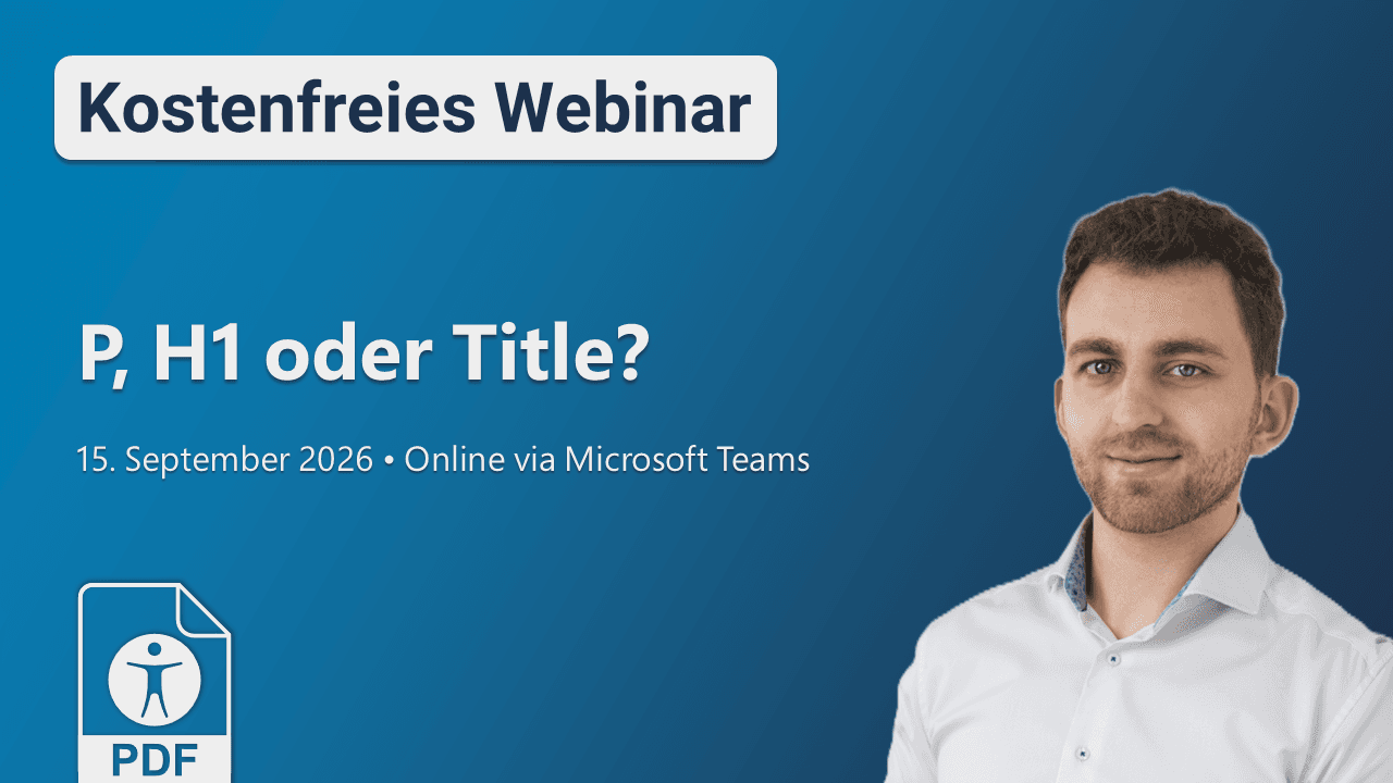Ankündigung eines kostenfreien Webinars auf blauem Hintergrund mit Foto des Referenten Leon Renner. Darauf der Titel "P, H1 oder Title?" sowie die Eckdaten.