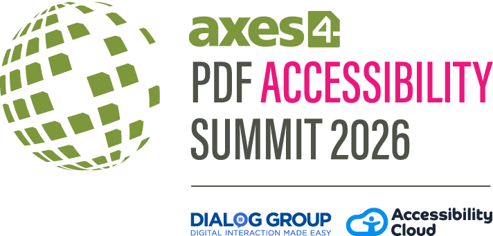 Logo für den „axes4 PDF Accessibility Summit 2026“ mit grüner Weltkugel, axes4-Logo und den Sponsorenlogos von Dialog Group und Accessibility Cloud.