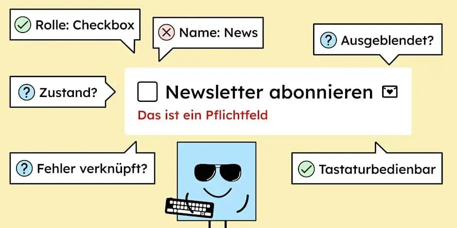 Illustration: Eine Checkbox „Newsletter abonnieren“ mit der Fehlermeldung „Das ist ein Pflichtfeld“, umgeben von Prüffragen wie „Rolle: Checkbox“, „Name: News“, „Zustand?“, „Fehler verknüpft?“, „Ausgeblendet?“ und „Tastaturbedienbar“. Darunter eine Figur mit Sonnenbrille und Tastatur.