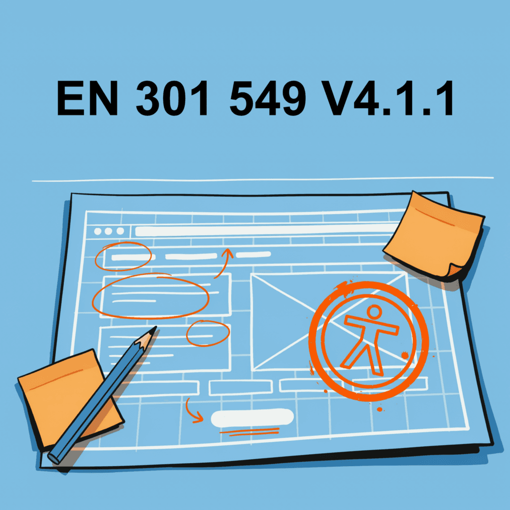 Text EN 301 549 V4.1.1, Zeichnung einer Webseite mit Post-Its und dem Accessibility-Icon